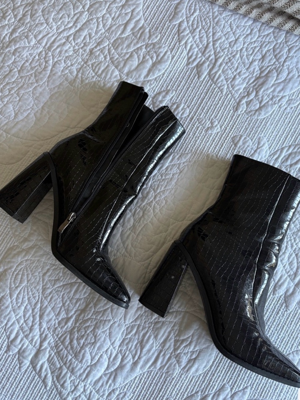 Princess Polly Black Patent Croc-Embossed Pointed Block Heel Ankle Boots